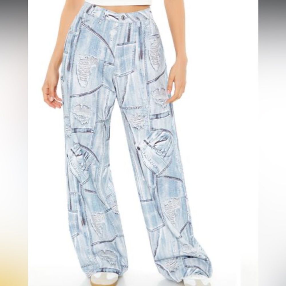 Women's Allover Distressed Print Wide Leg Pants High Rise Cotton Denim Jeans
